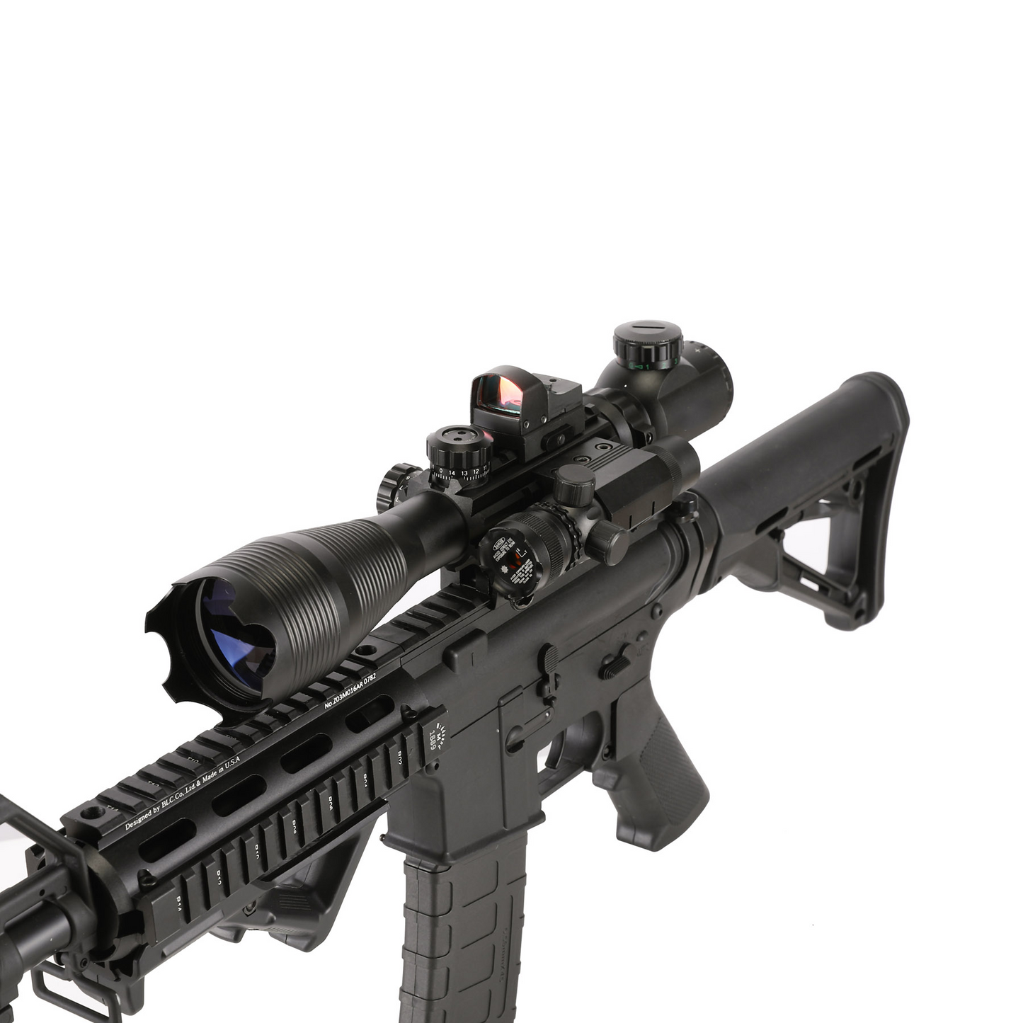 The AR-15 5 Piece Package w/ Illuminated Scope, Green Laser,Dot Sight, .223 Bore Sight and Bipod