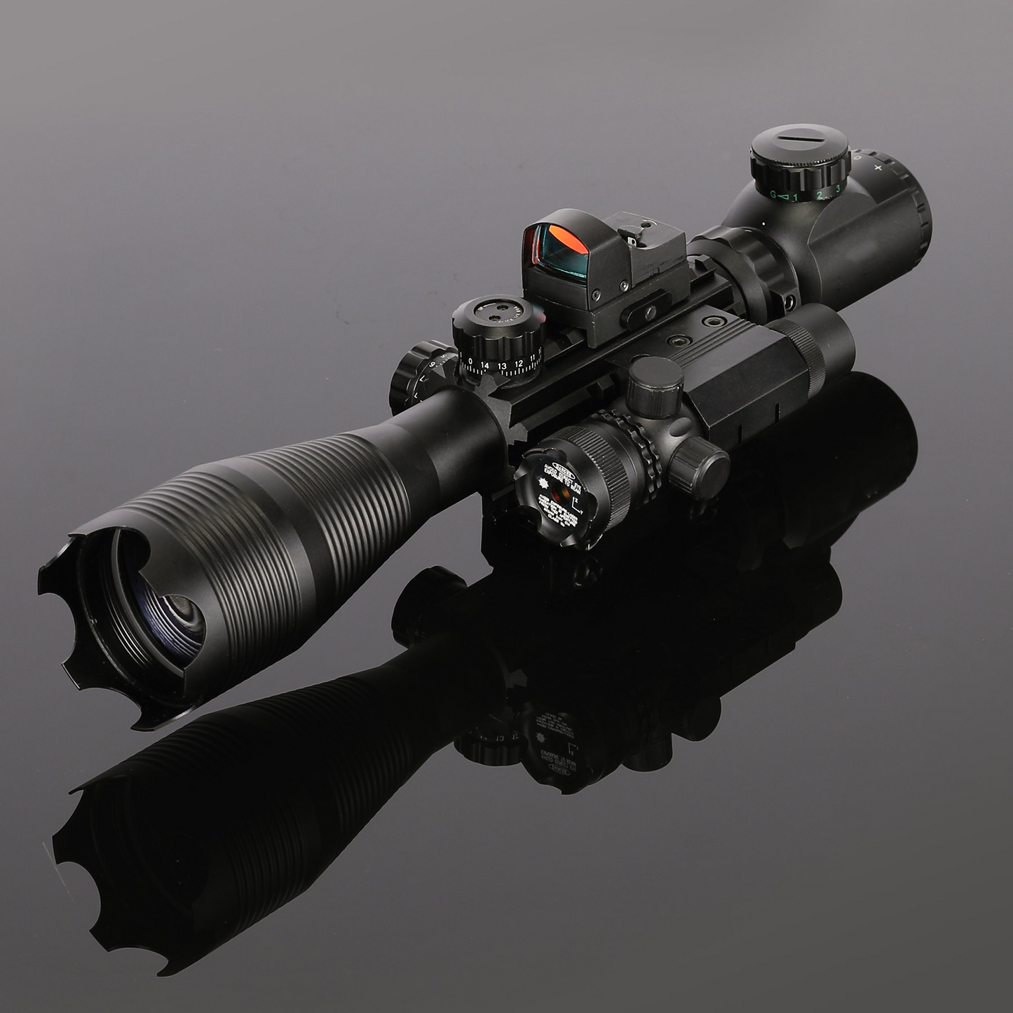 The AR-15 5 Piece Package w/ Illuminated Scope, Green Laser,Dot Sight, .223 Bore Sight and Bipod